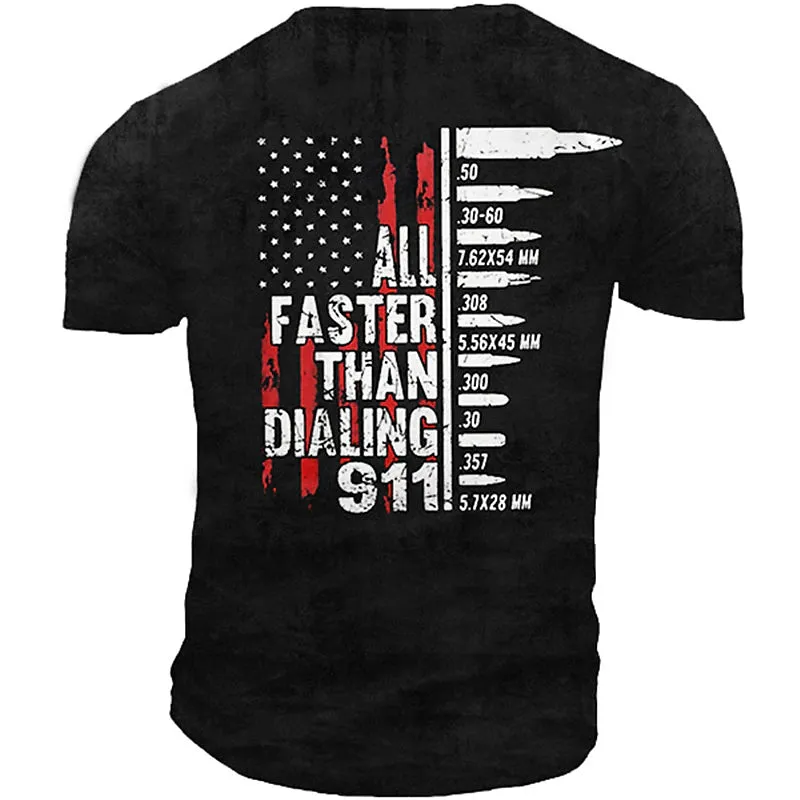 911 Men's Graphic Tee | Military Green 3D Print Flag Shirt with Distressed Letters