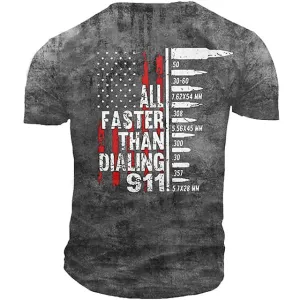 911 Men's Graphic Tee | Military Green 3D Print Flag Shirt with Distressed Letters