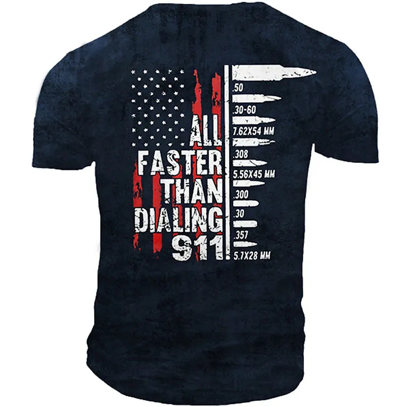 911 Men's Graphic Tee | Military Green 3D Print Flag Shirt with Distressed Letters