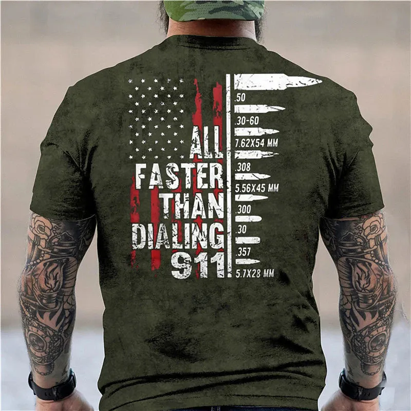 911 Men's Graphic Tee | Military Green 3D Print Flag Shirt with Distressed Letters