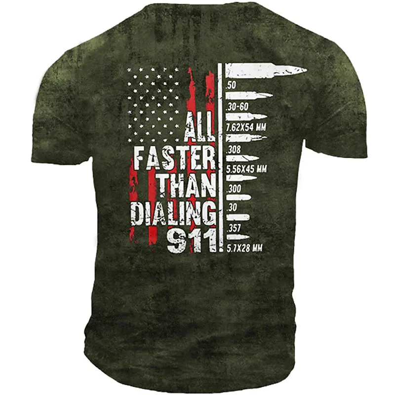 911 Men's Graphic Tee | Military Green 3D Print Flag Shirt with Distressed Letters