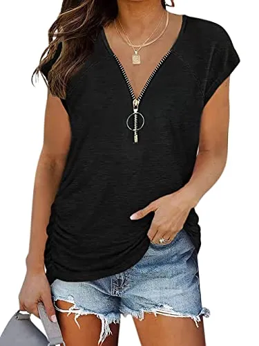Bunanphy Short Sleeve Tops for Women Dressy Casual Summer V Neck Shirts with Zipper Pink #TH Small