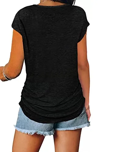 Bunanphy Short Sleeve Tops for Women Dressy Casual Summer V Neck Shirts with Zipper Pink #TH Small