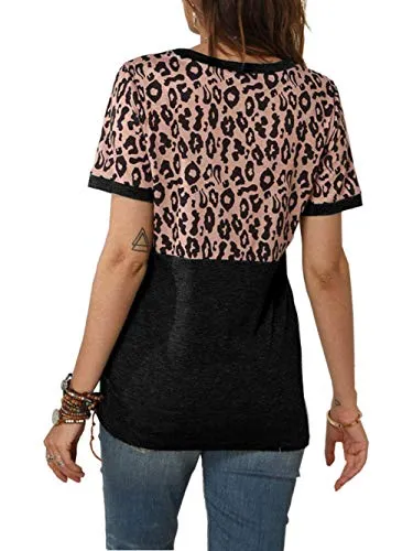Bunanphy Short Sleeve Tops for Women Dressy Casual Summer V Neck Shirts with Zipper Pink #TH Small