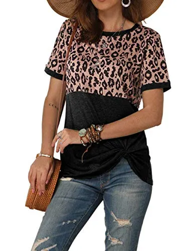 Bunanphy Short Sleeve Tops for Women Dressy Casual Summer V Neck Shirts with Zipper Pink #TH Small