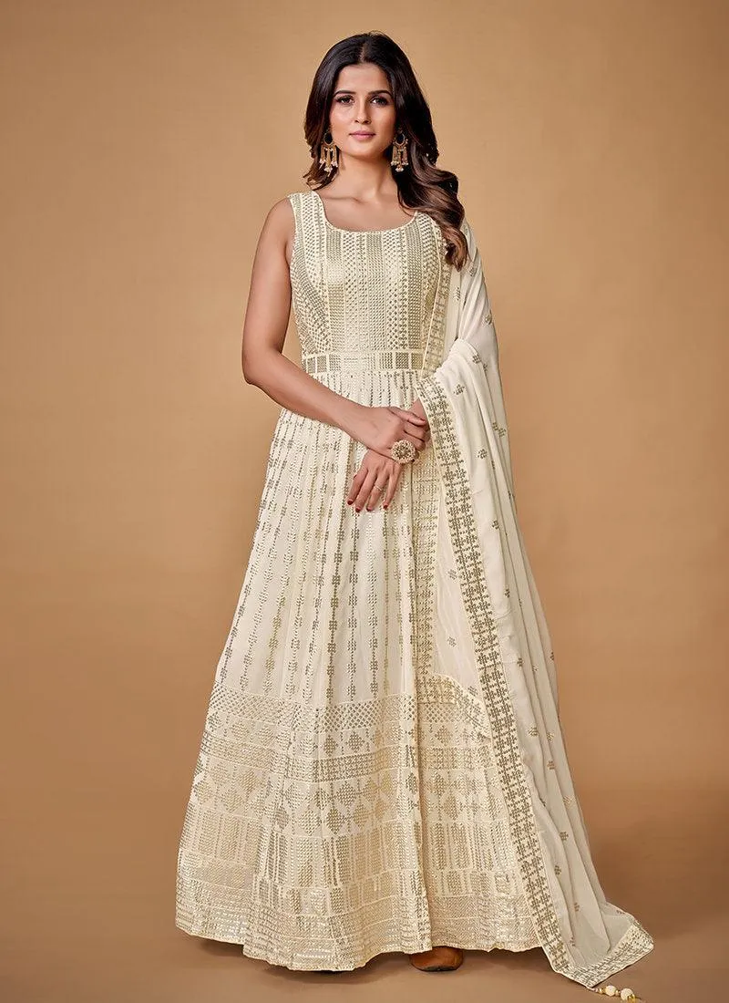 Fully Sequins White Sleeveless Georgette Gown
