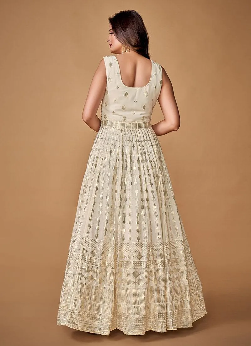 Fully Sequins White Sleeveless Georgette Gown