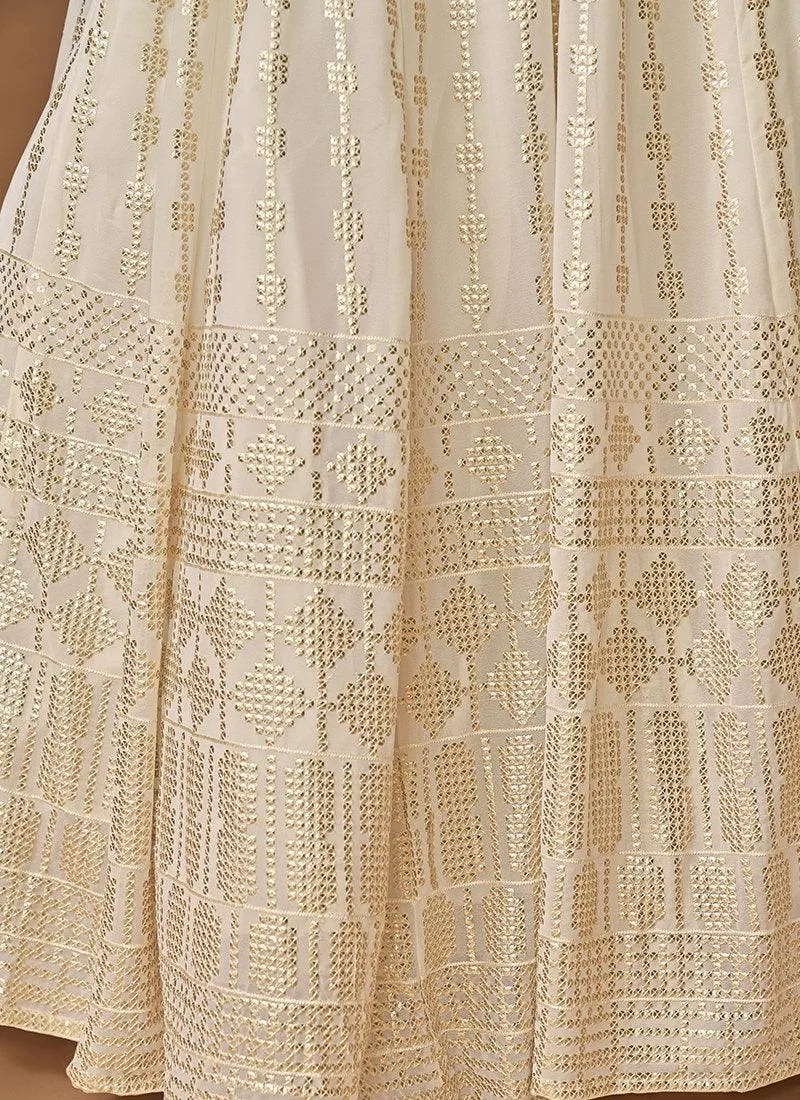 Fully Sequins White Sleeveless Georgette Gown