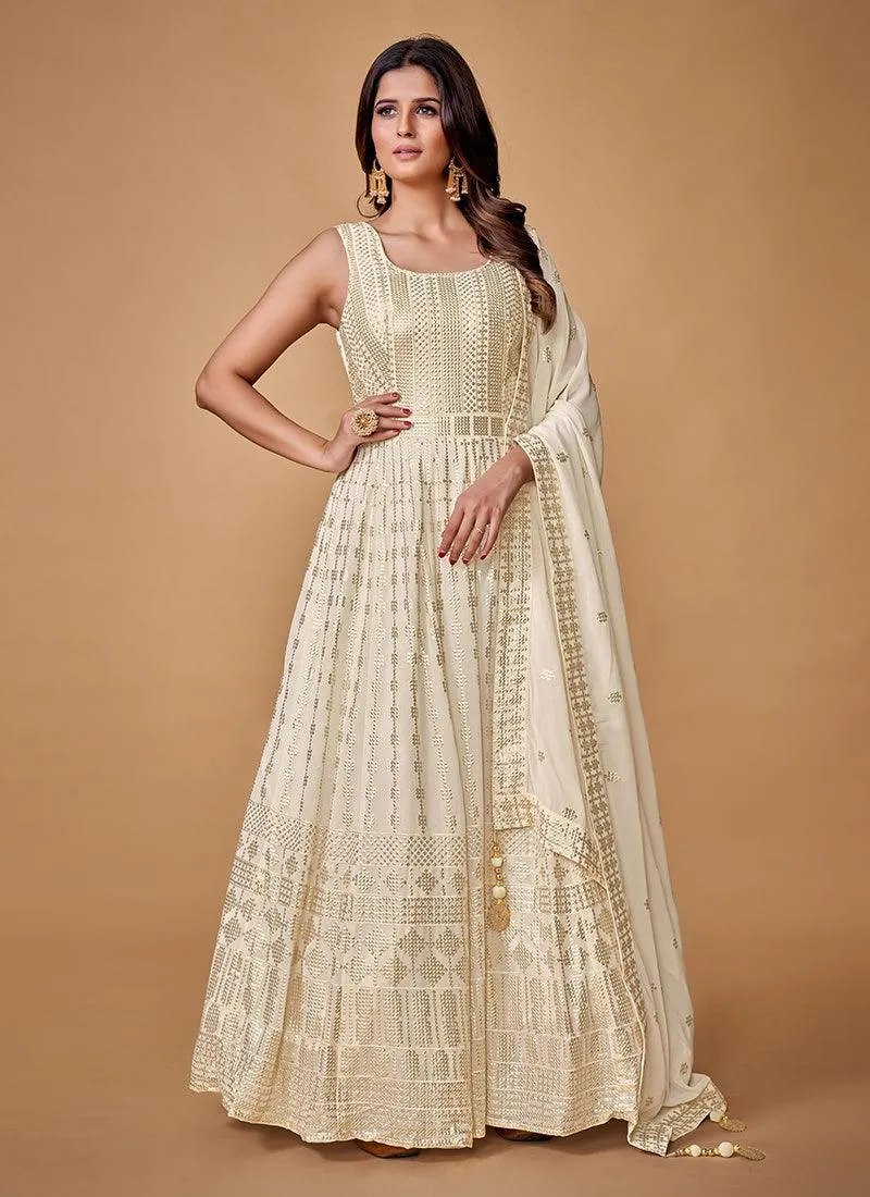 Fully Sequins White Sleeveless Georgette Gown
