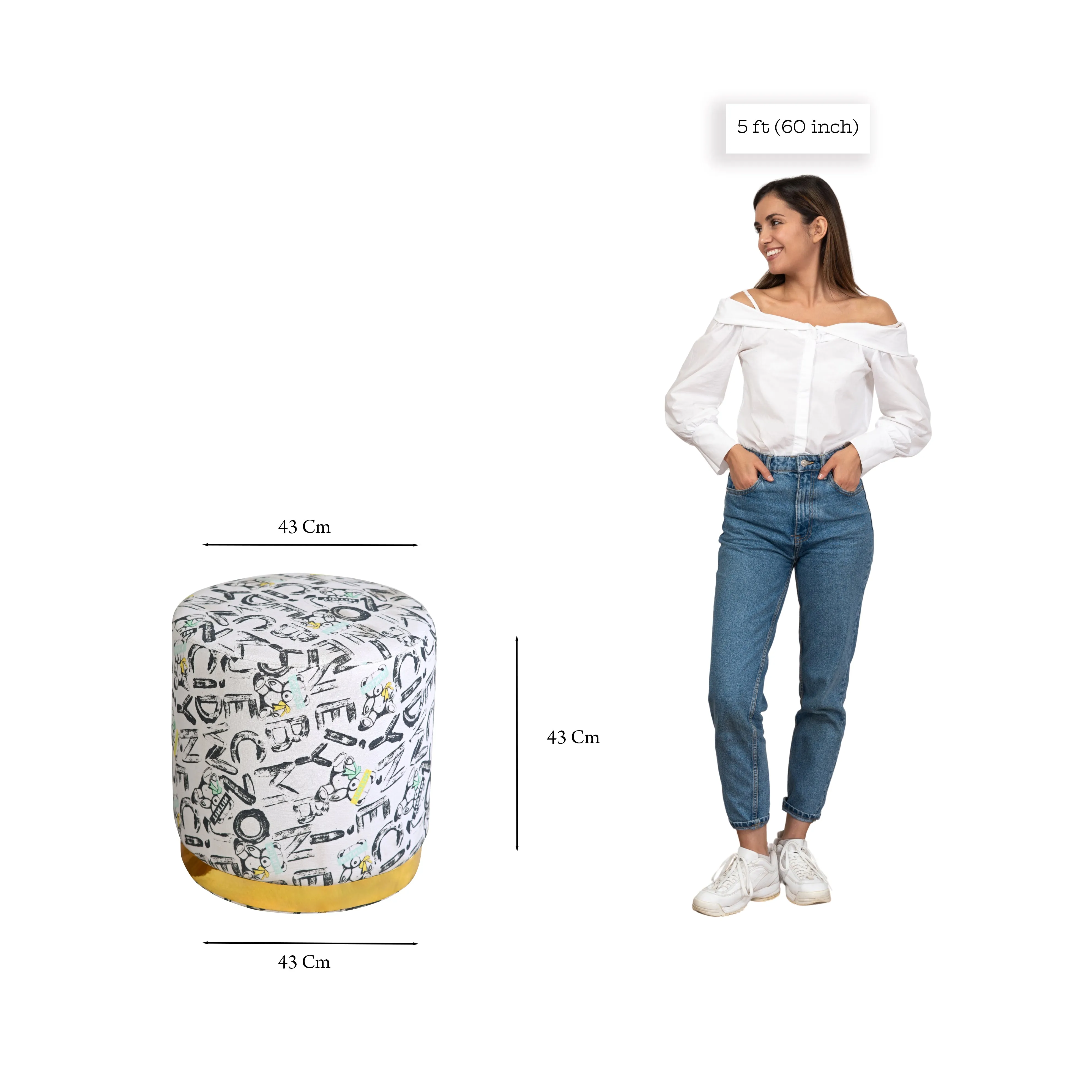 Hip-Hop Print Drum Ottoman With Golden Ring