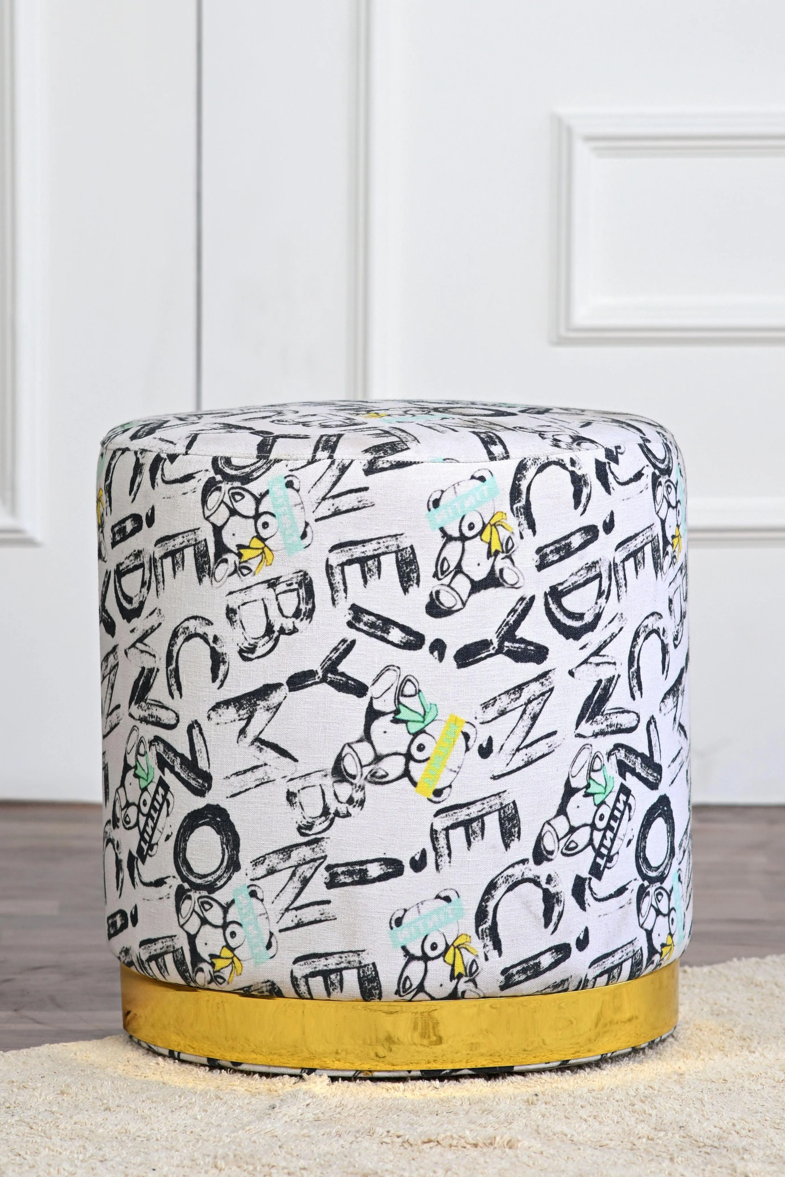 Hip-Hop Print Drum Ottoman With Golden Ring
