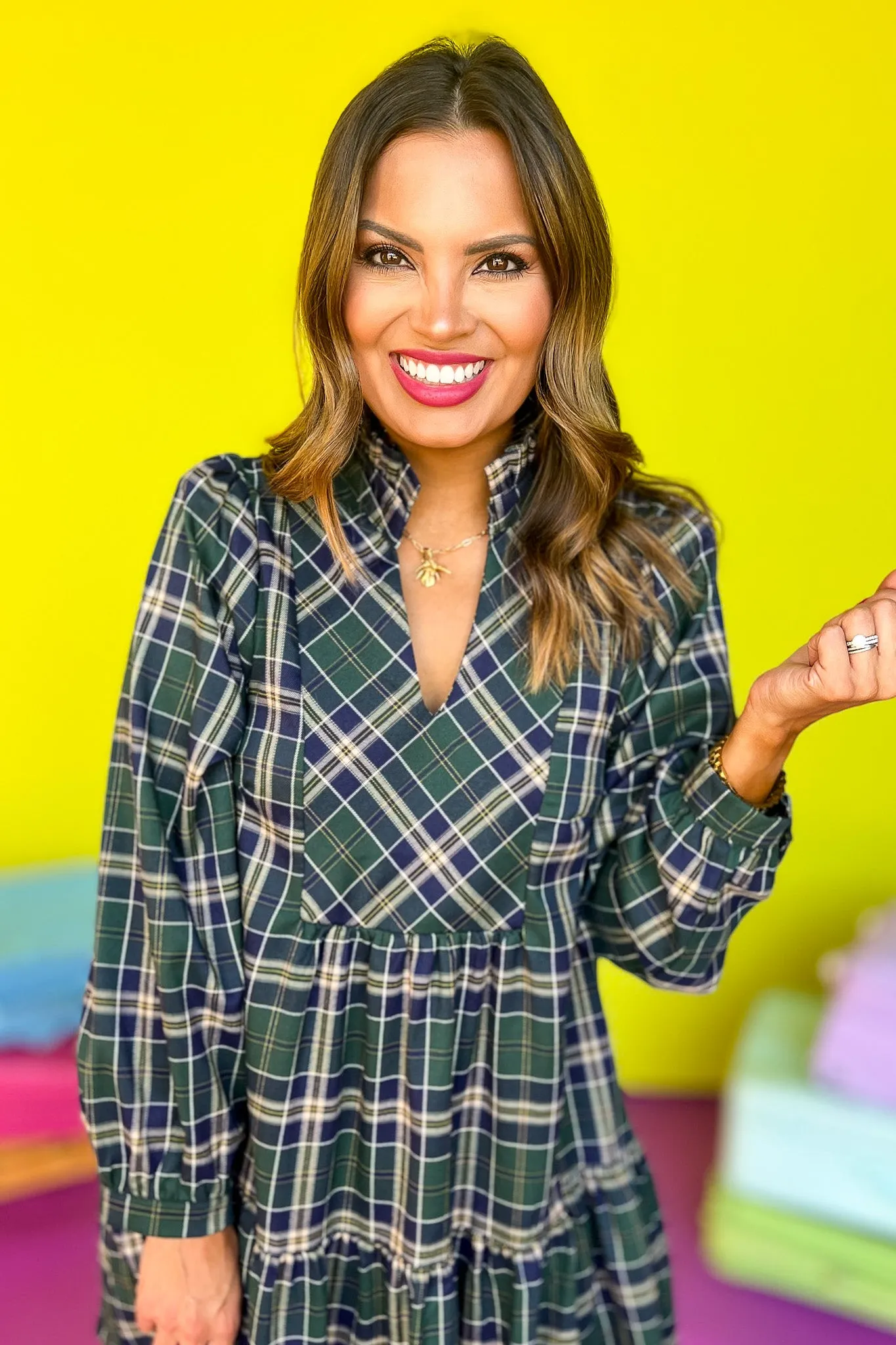 Hunter Green Plaid Print Ruffle V Neck Dress