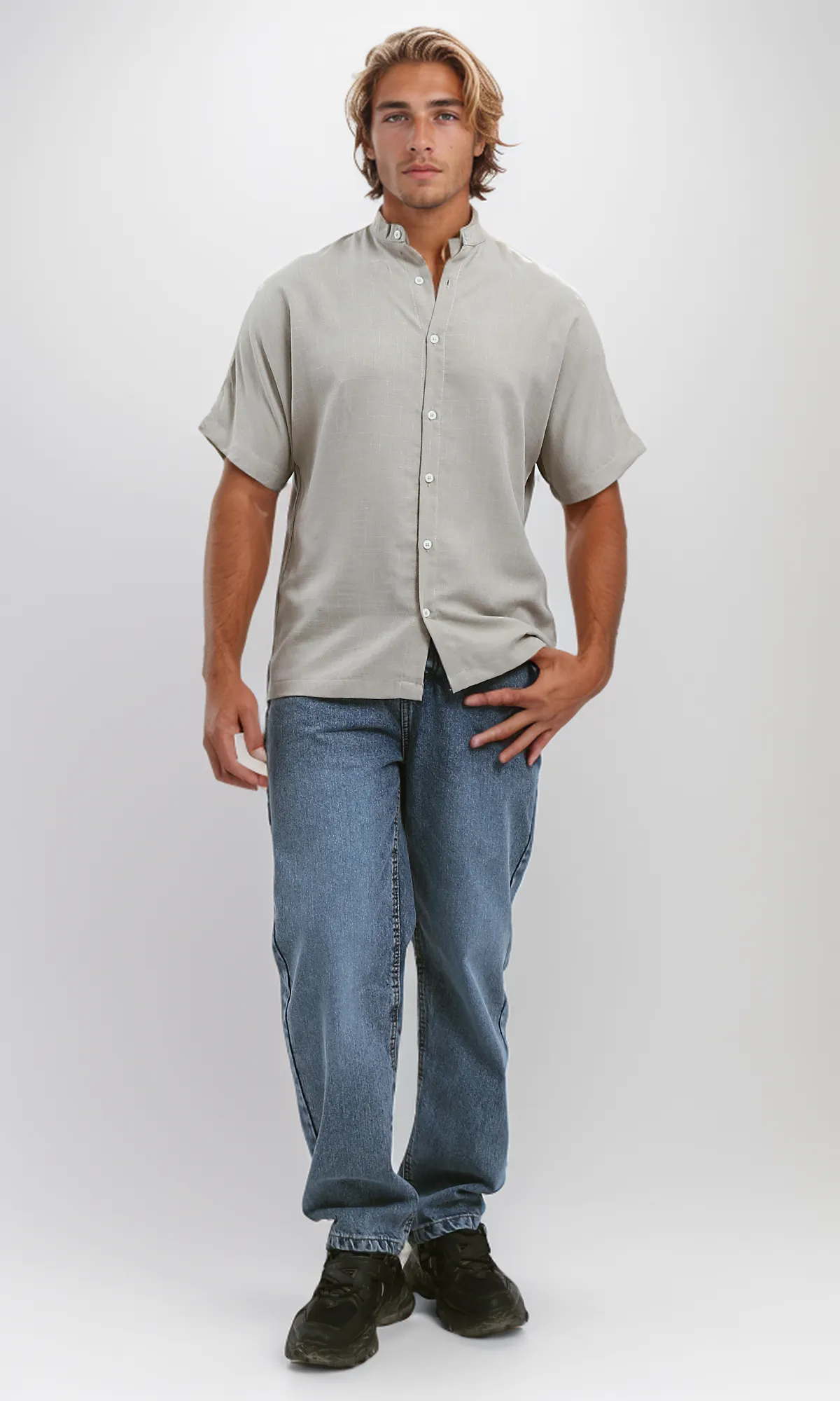 O187181 Pastel Beige Textured Summer Shirt