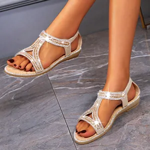 Vanccy Sandals Hollow Triangle Rhinestone Sandals Soft Bottom Wedge Flat