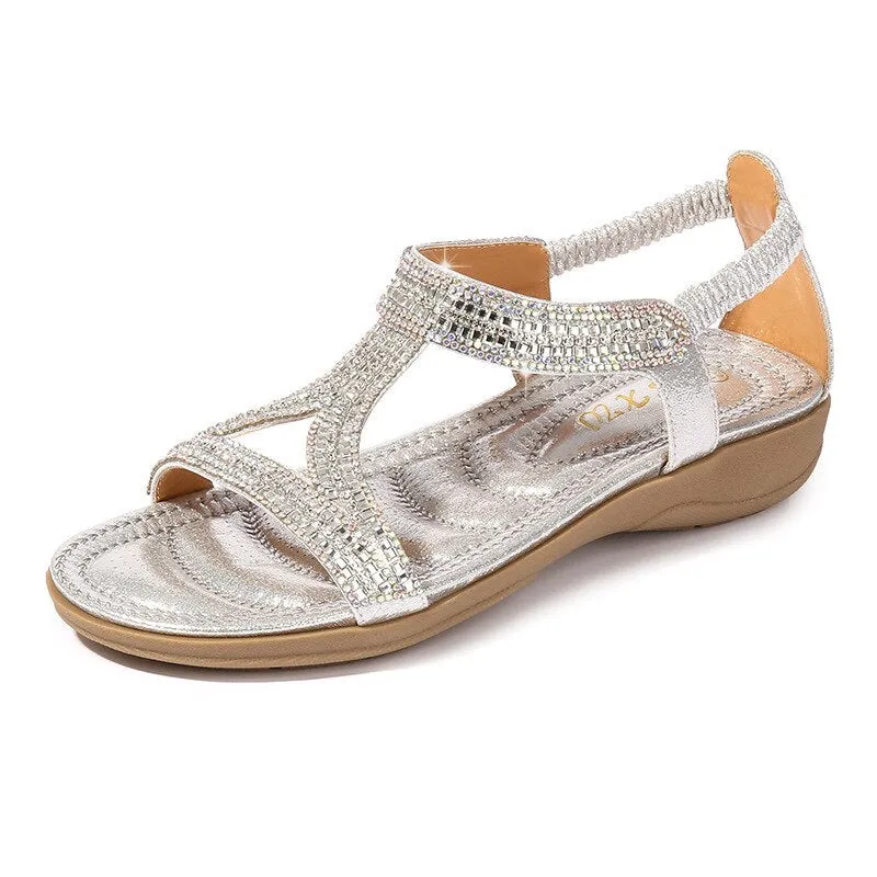 Vanccy Sandals Hollow Triangle Rhinestone Sandals Soft Bottom Wedge Flat